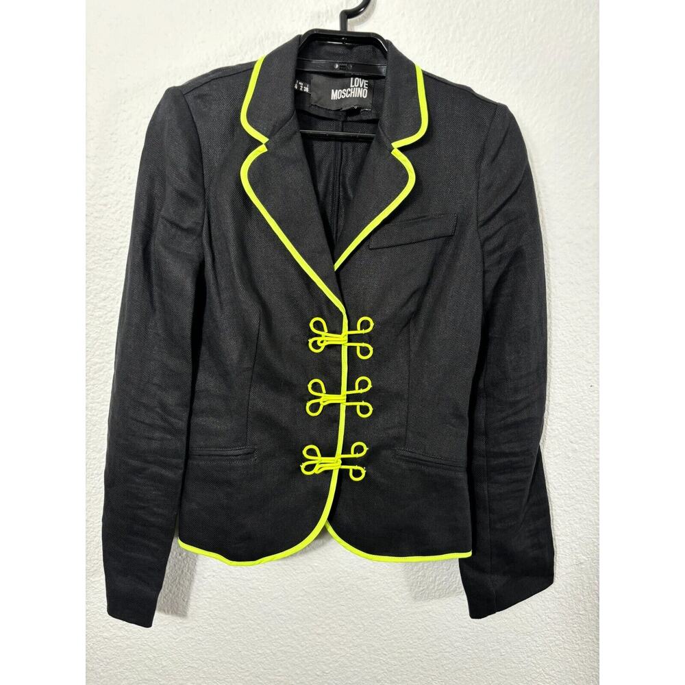 Love Moschino Blazer Womens 2 Black‎ Neon Piping Military Linen Jacket Hooks